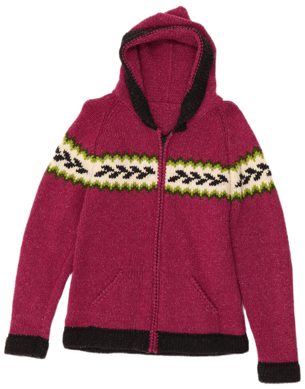 Suéter cardigã com capuz feminino vintage Reino Unido 10 pequeno rosa geométrico