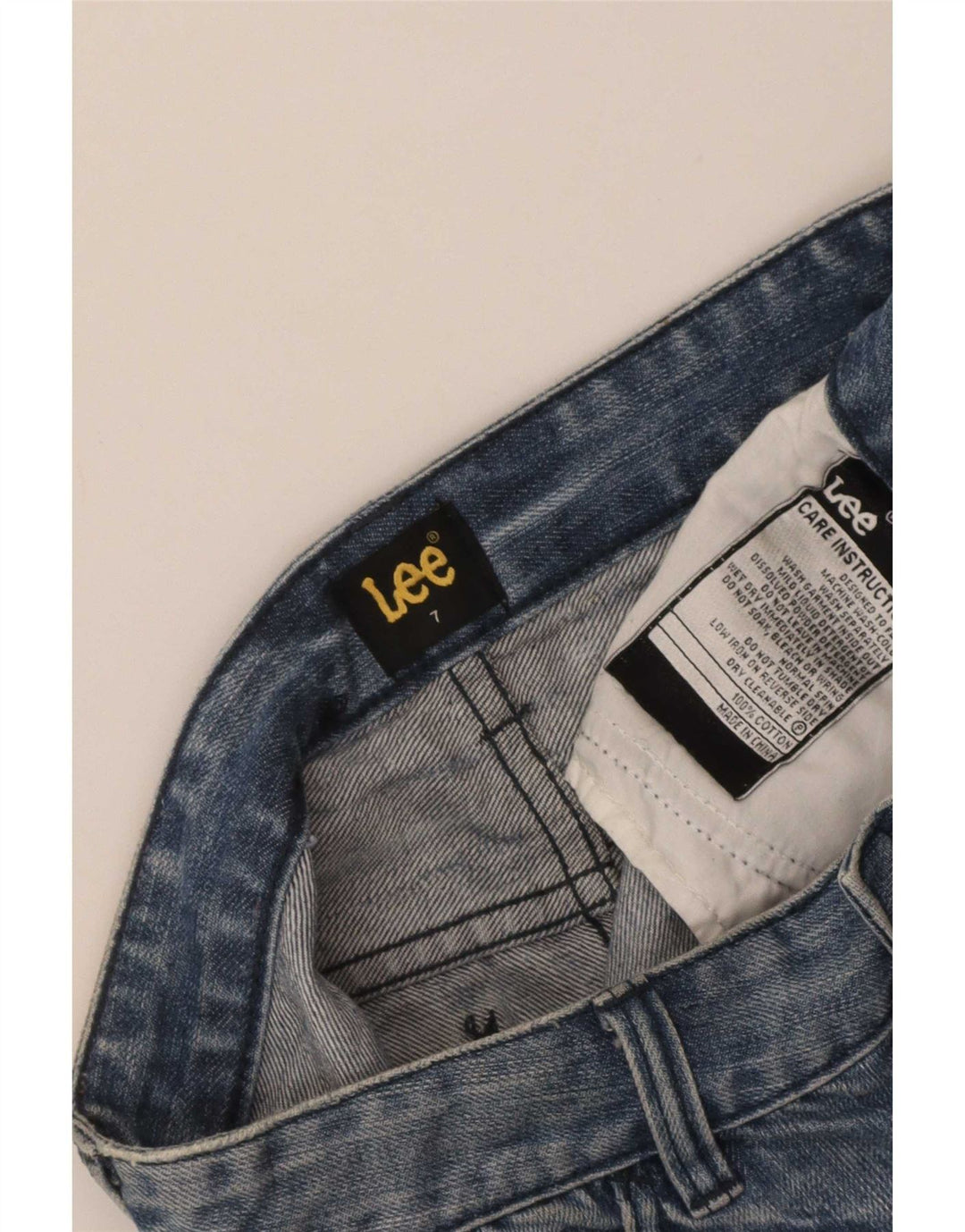 Saia jeans feminina Lee desgastada US 7 médio W28 algodão azul