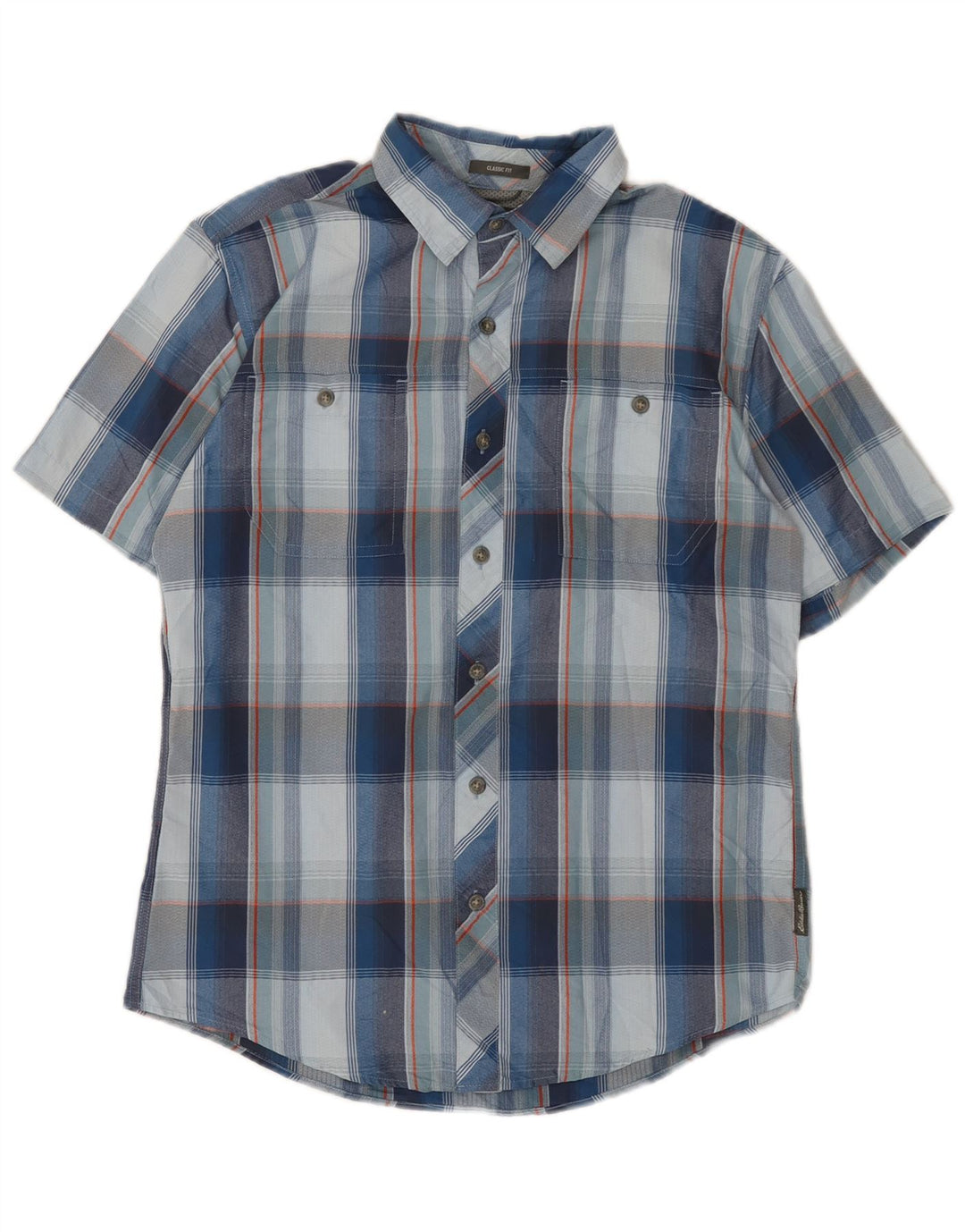 Camisa masculina EDDIE BAUER de manga curta com ajuste clássico e nylon xadrez azul pequeno