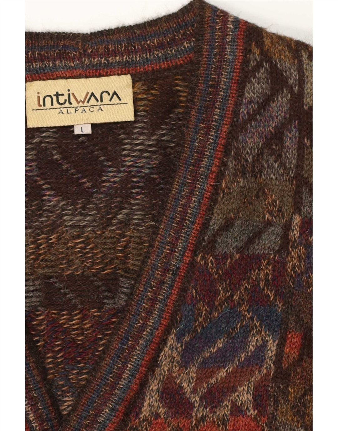 Suéter cardigã masculino Intiwara grande lã geométrica multicolorida de alpaca