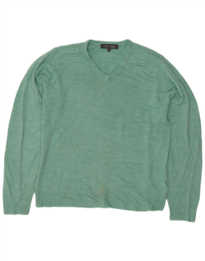MARKS & SPENCER Suéter masculino com decote em V, acrílico verde médio