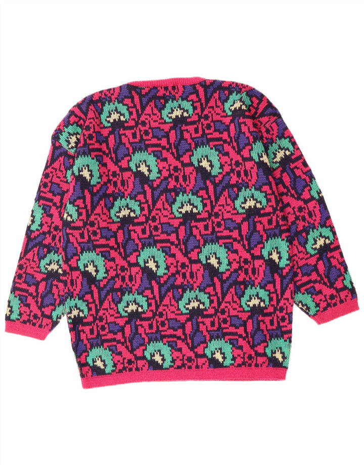 Suéter feminino VINTAGE com estampa abstrata e gola redonda Reino Unido 16 grande rosa
