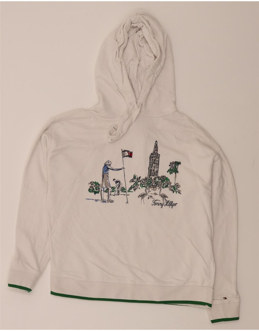 TOMMY HILFIGER Mens Oversized Graphic Hoodie Jumper XS White Cotton Vintage Tommy Hilfiger and Second-Hand Tommy Hilfiger from Messina Hembry 