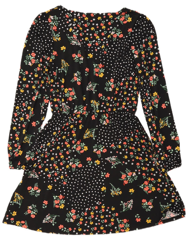 Vestido feminino Oasis manga comprida evasê UK 6 XS preto floral poliéster