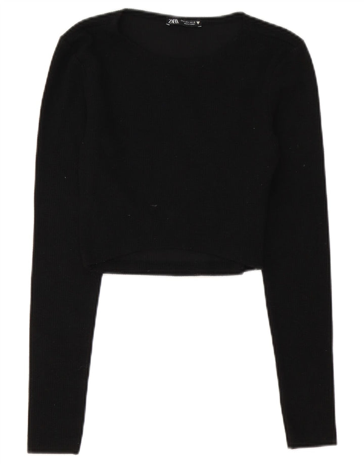 Zara Crop Top Feminino Manga Longa Reino Unido 8 Pequeno Poliéster Preto