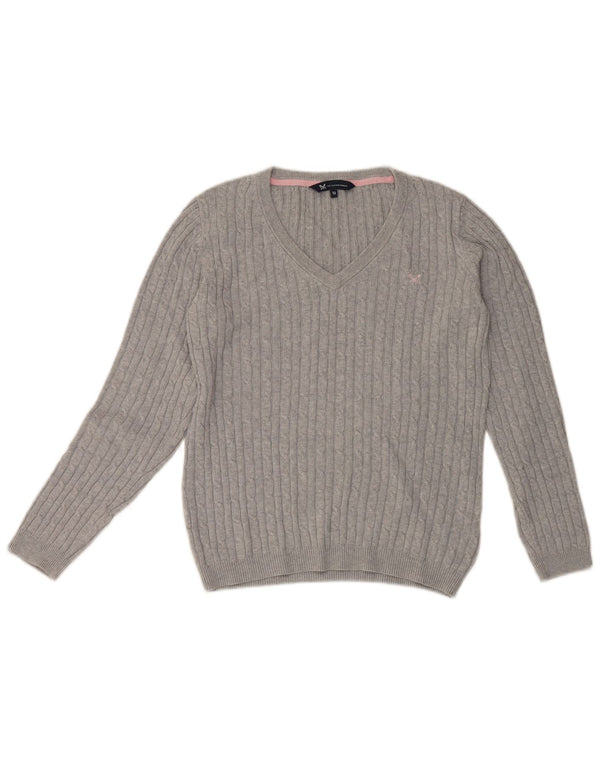Suéter feminino Crew Clothing com decote em V UK 12 algodão cinza médio