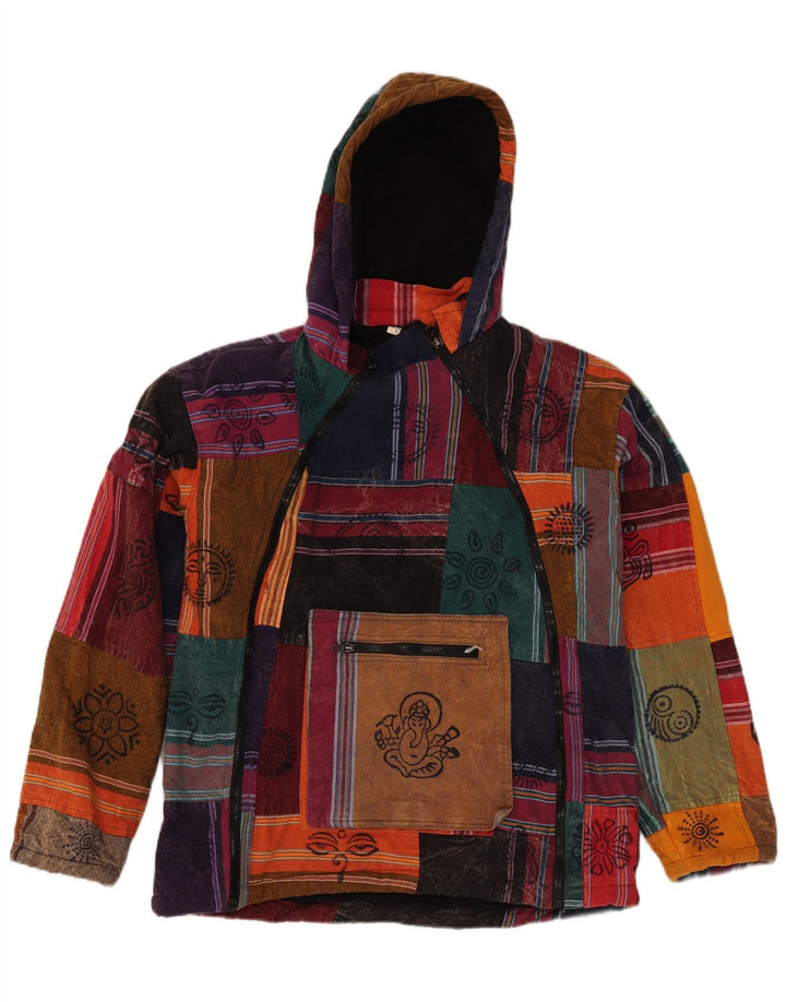 Jaqueta Anorak masculina vintage com capuz Reino Unido 36 pequeno patchwork multicolorido asteca