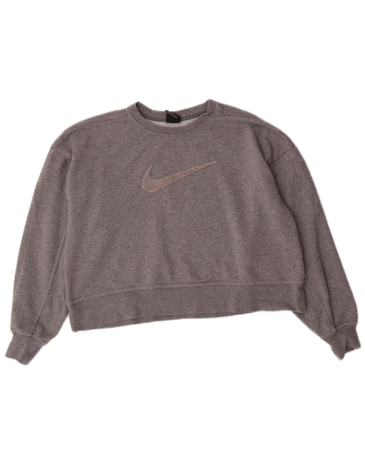 Moletom feminino Nike Dri Fit Graphic Oversized Jumper UK 10 Pequeno Cinza