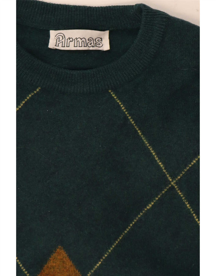Suéter vintage masculino com gola redonda, verde médio, Argyle/Diamante