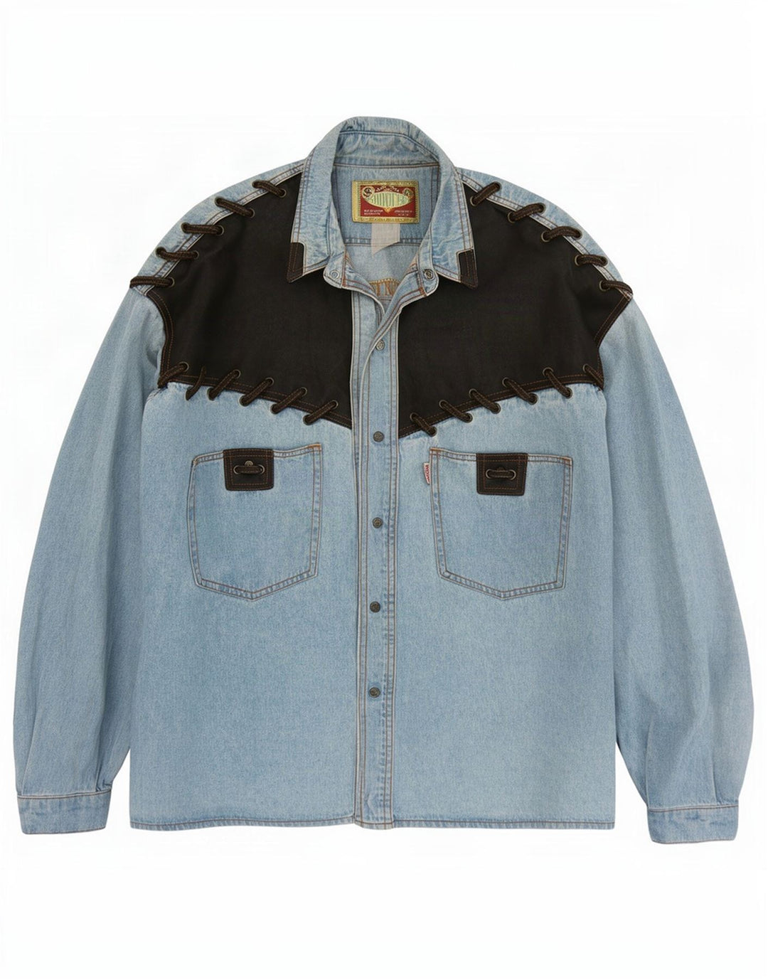 Camisa jeans masculina vintage grande bloco colorido azul
