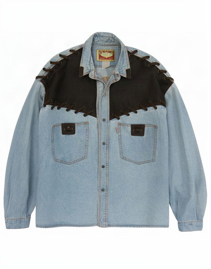 Camisa jeans masculina vintage grande bloco colorido azul