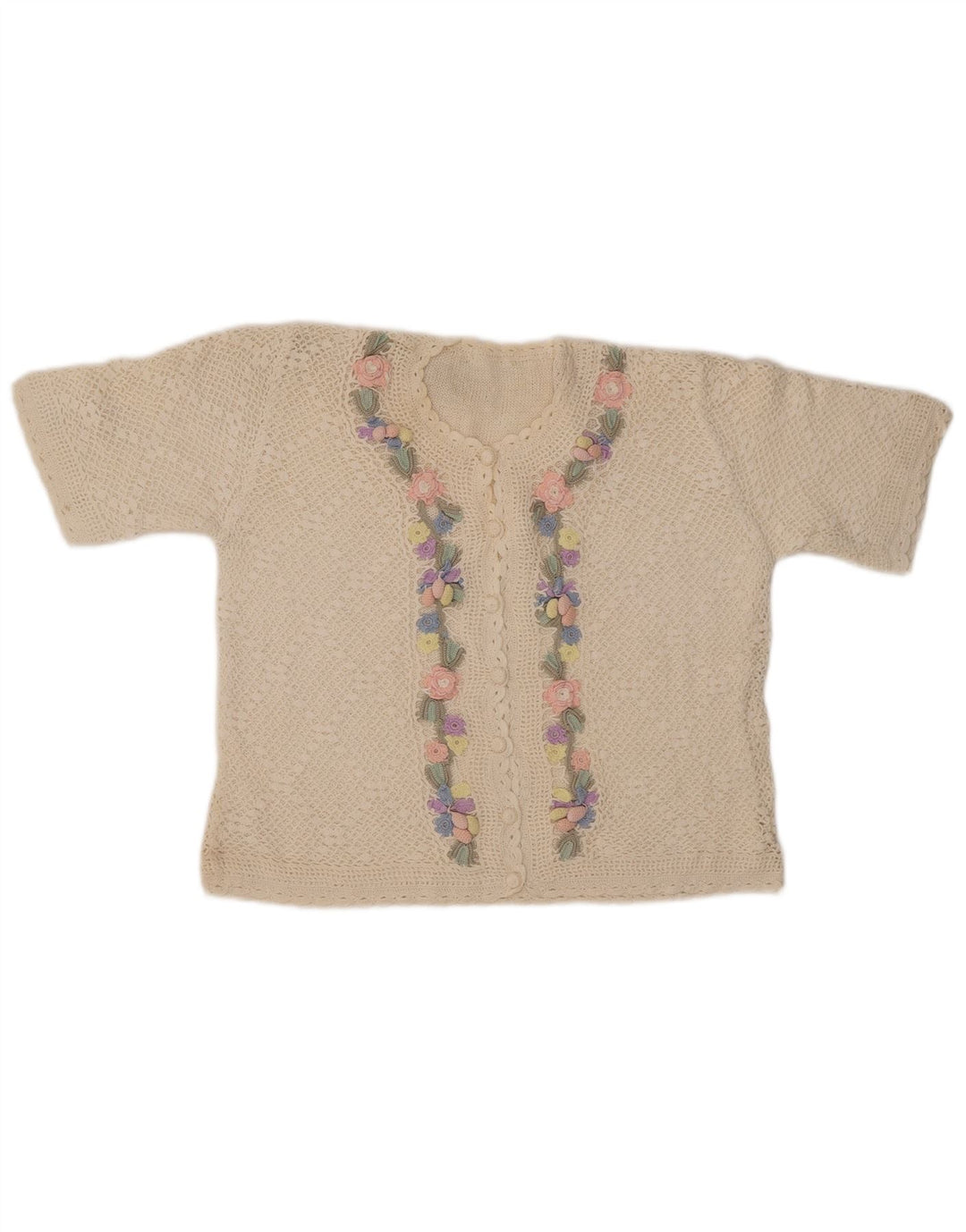 Suéter cardigã feminino VINTAGE de manga curta Reino Unido 14 médio off white floral