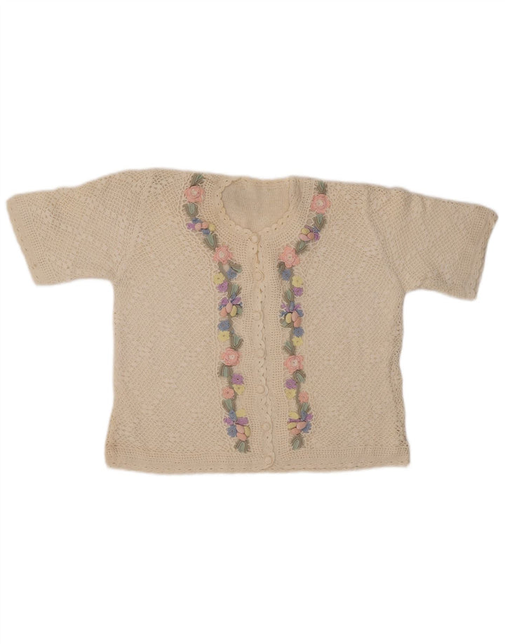 Suéter cardigã feminino VINTAGE de manga curta Reino Unido 14 médio off white floral
