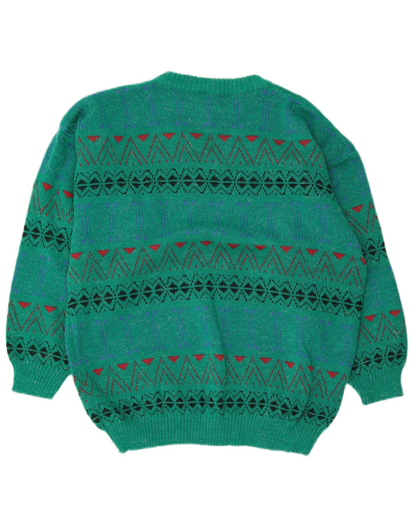Suéter vintage masculino com gola redonda, acrílico geométrico verde médio