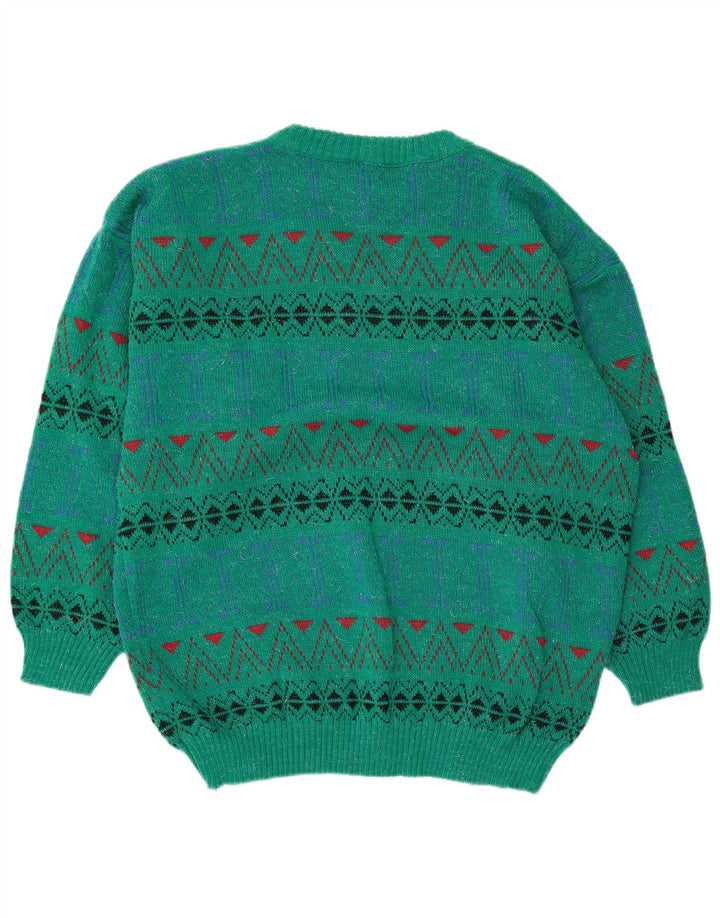 Suéter vintage masculino com gola redonda, acrílico geométrico verde médio