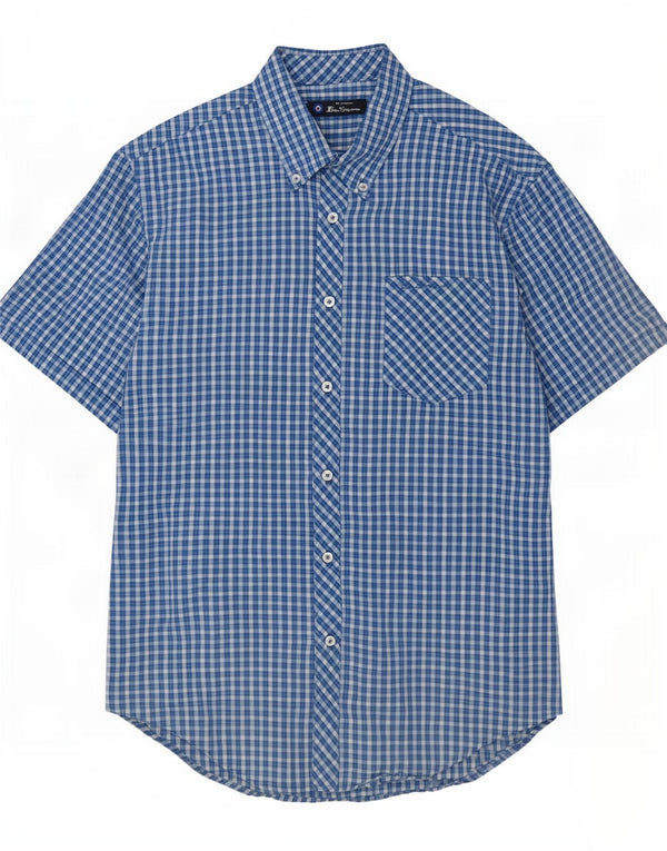 Camisa masculina de manga curta Ben Sherman de algodão xadrez azul médio