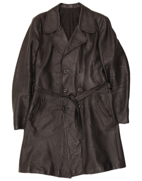 Casaco de couro vintage masculino com peito duplo Reino Unido 38 preto médio