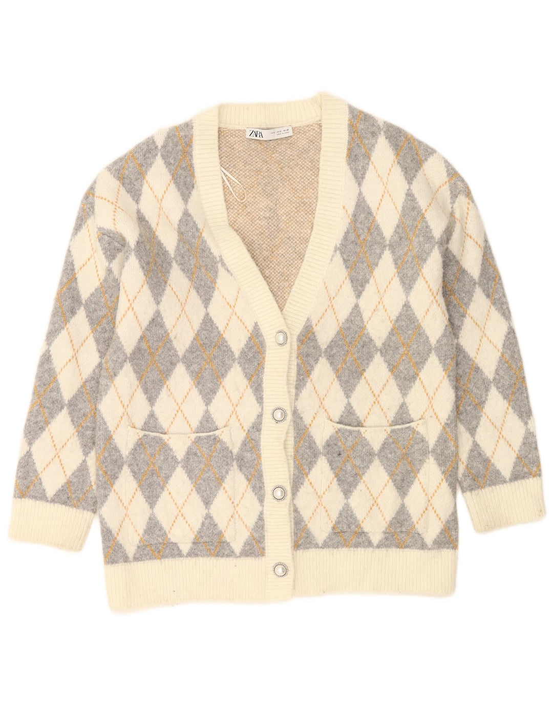 Suéter cardigã feminino grande Zara Reino Unido 10 pequeno off white Argyle/Diamante