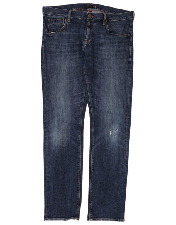 Tommy Hilfiger Masculino Denton Distressed Straight Jeans W36 L34 Azul Algodão
