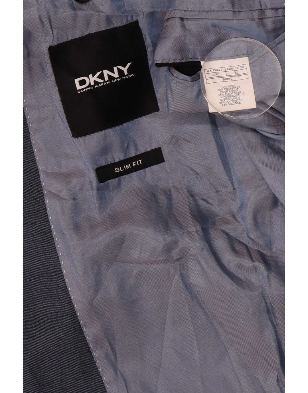 Jaqueta blazer masculina Dkny com 2 botões Reino Unido 42 XL lã azul marinho