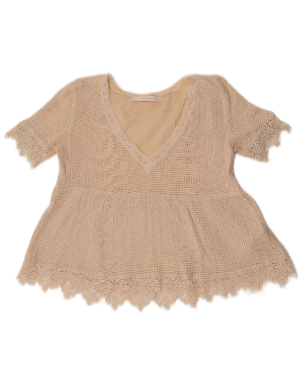 Blusa feminina Zara Trafaluc Crop Crochet Top Reino Unido 6 XS Algodão Bege
