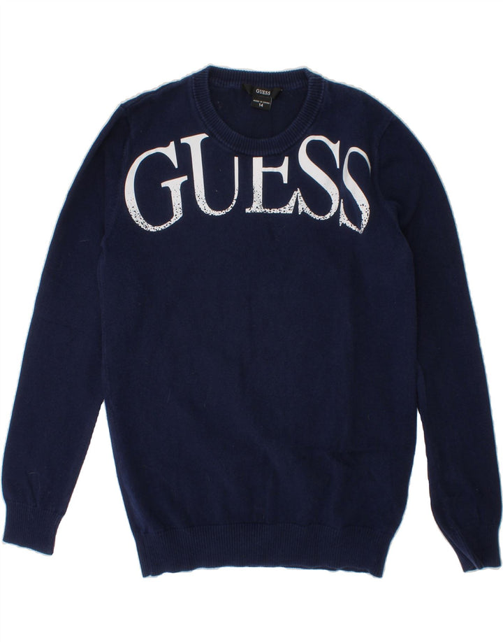 GUESS Boys Graphic Crew Neck Jumper Sweater 13-14 Years Navy Blue Cotton Vintage Guess and Second-Hand Guess from Messina Hembry 