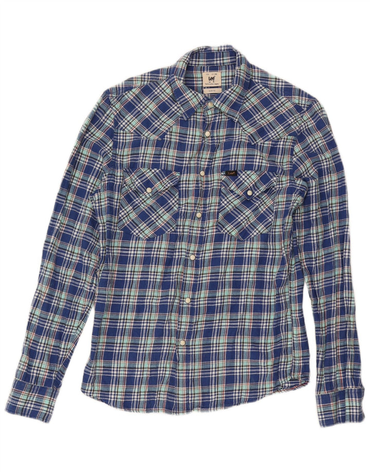 Camisa masculina Lee de flanela slim fit pequena de algodão xadrez azul
