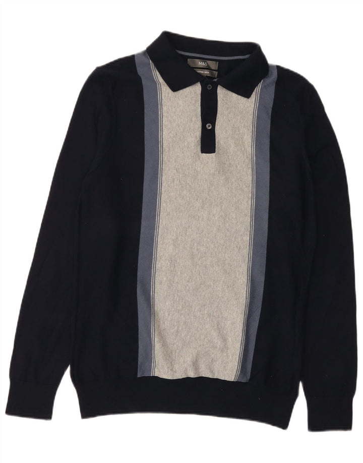 Suéter masculino Marks & Spencer com gola polo pequeno bloco colorido azul marinho
