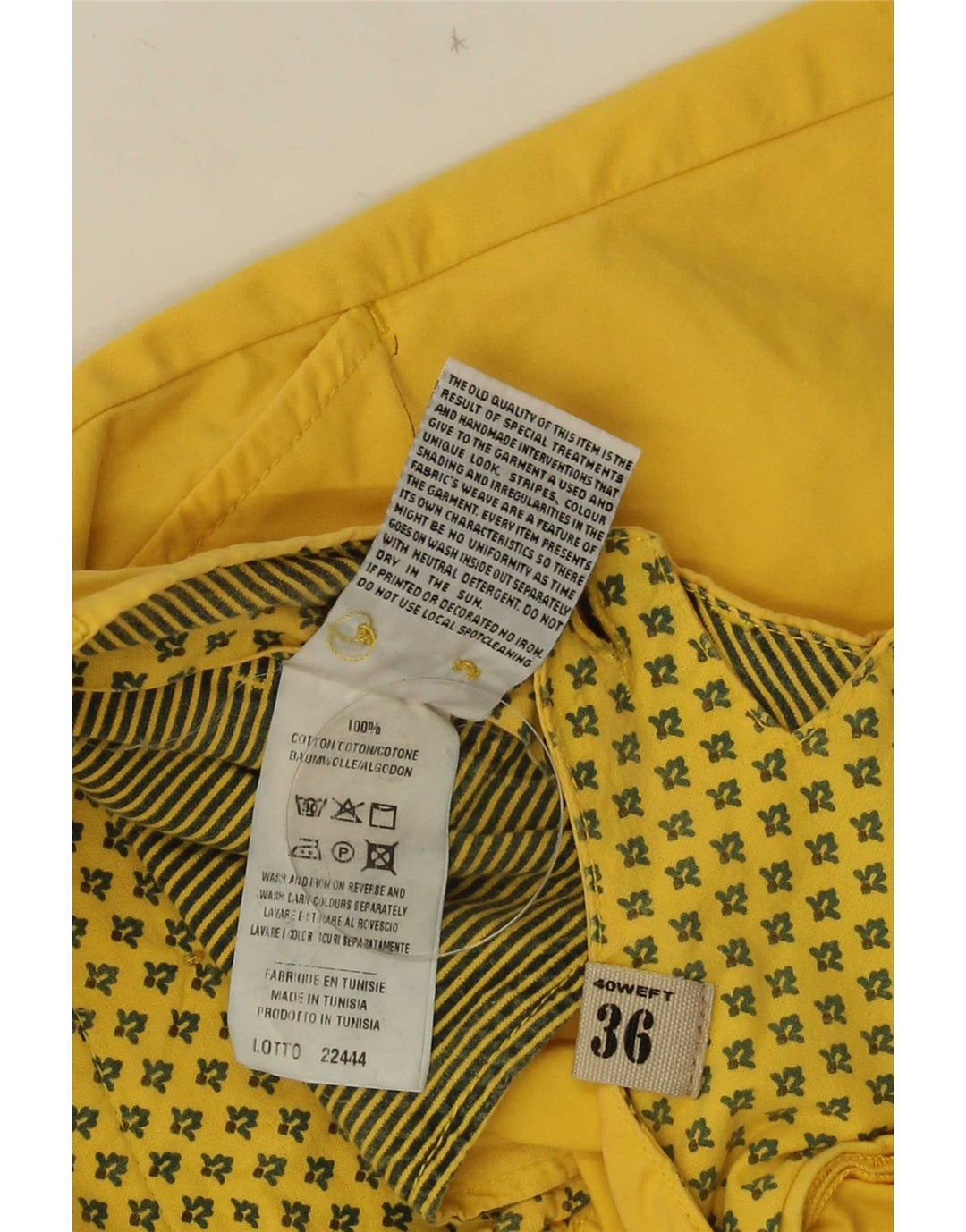 40Weft Mens Chino Shorts W36 Grande Algodão Amarelo