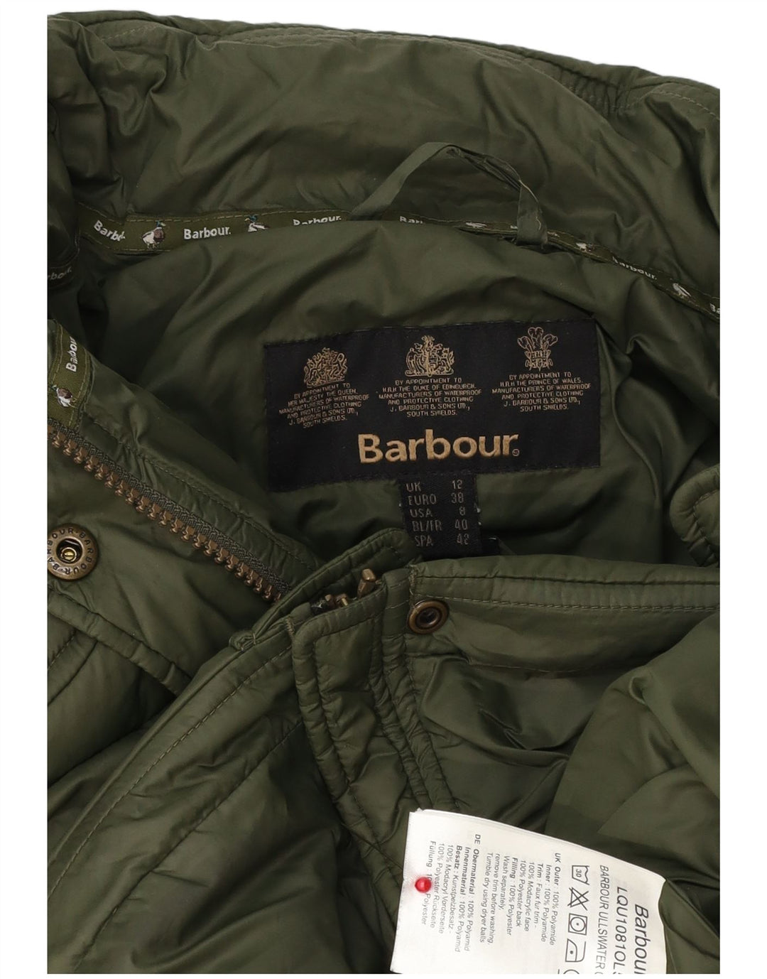 Jaqueta acolchoada com capuz feminina Barbour UK 12 poliéster verde médio