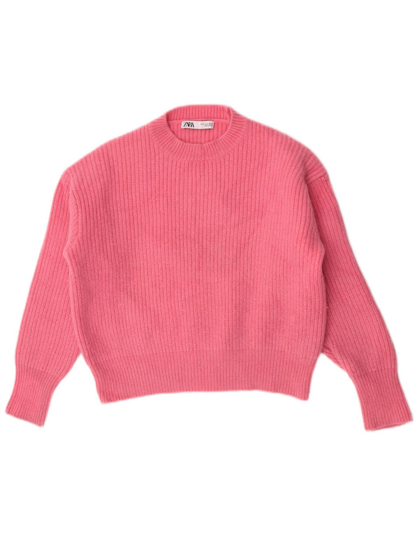 Zara Suéter feminino cropped com gola redonda Reino Unido 14 lã rosa médio