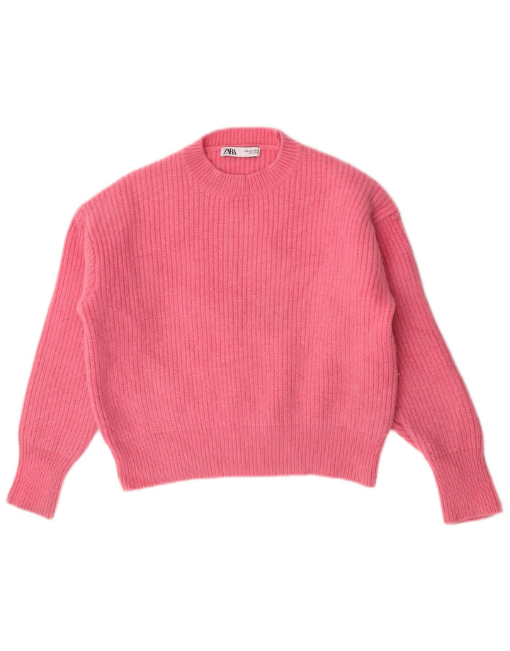 Zara Suéter feminino cropped com gola redonda Reino Unido 14 lã rosa médio