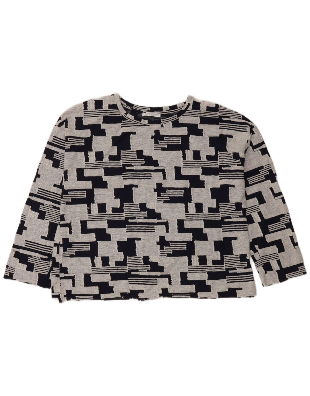 Top feminino Zara manga 3/4 Reino Unido 14 algodão geométrico azul marinho médio
