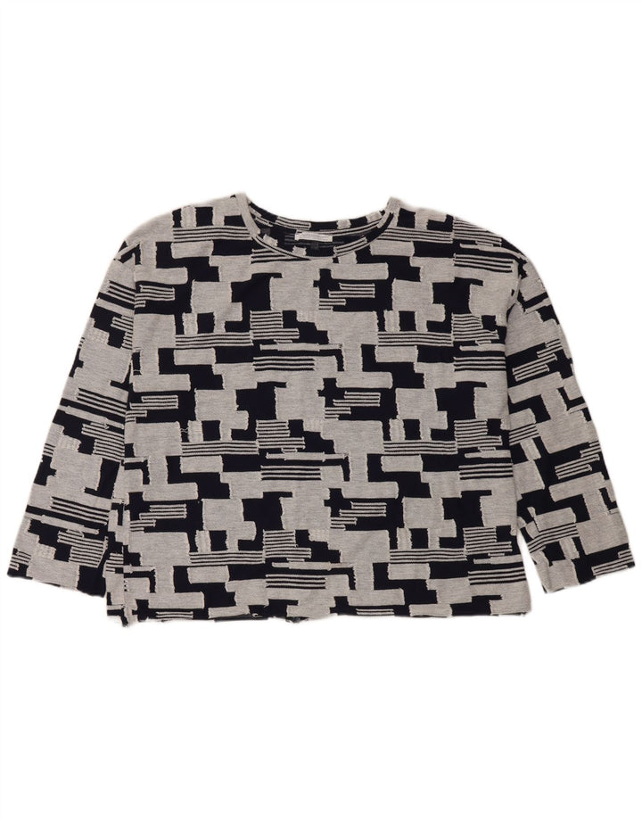 Top feminino Zara manga 3/4 Reino Unido 14 algodão geométrico azul marinho médio