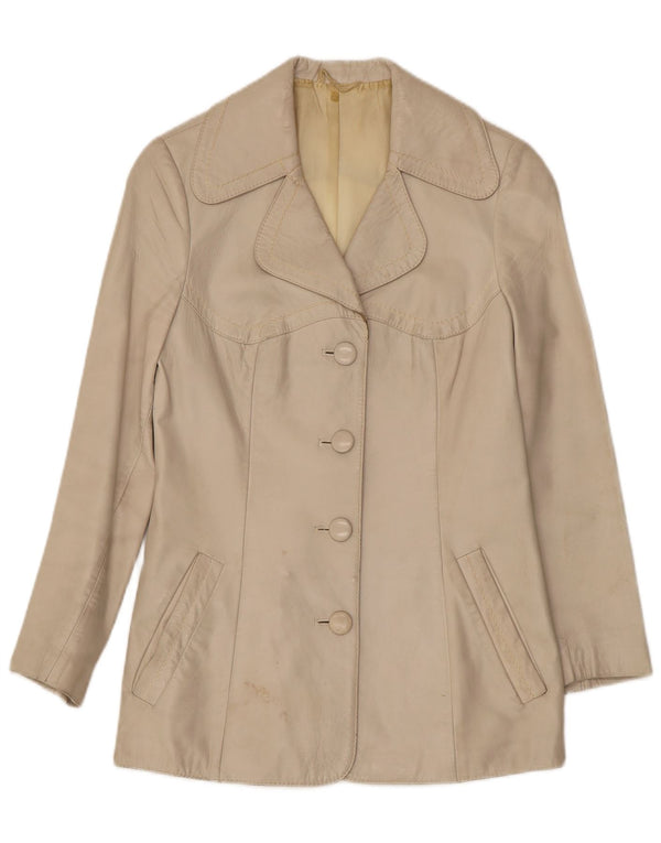 Jaqueta de couro feminina vintage UK 10 pequena bege