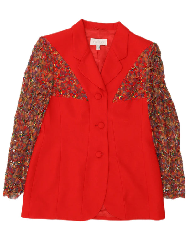 Prestige Womens 3 Button Blazer Jacket UK 14 Medium Red Floral Virgin Wool