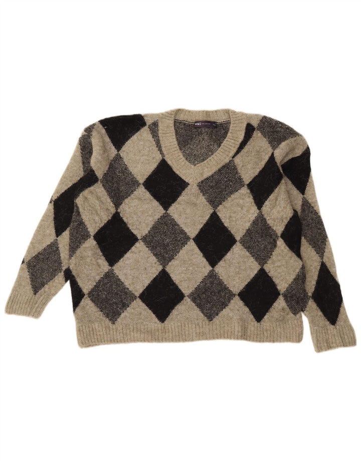 Suéter feminino Marks & Spencer com decote em V e gola V Reino Unido 14 médio cáqui