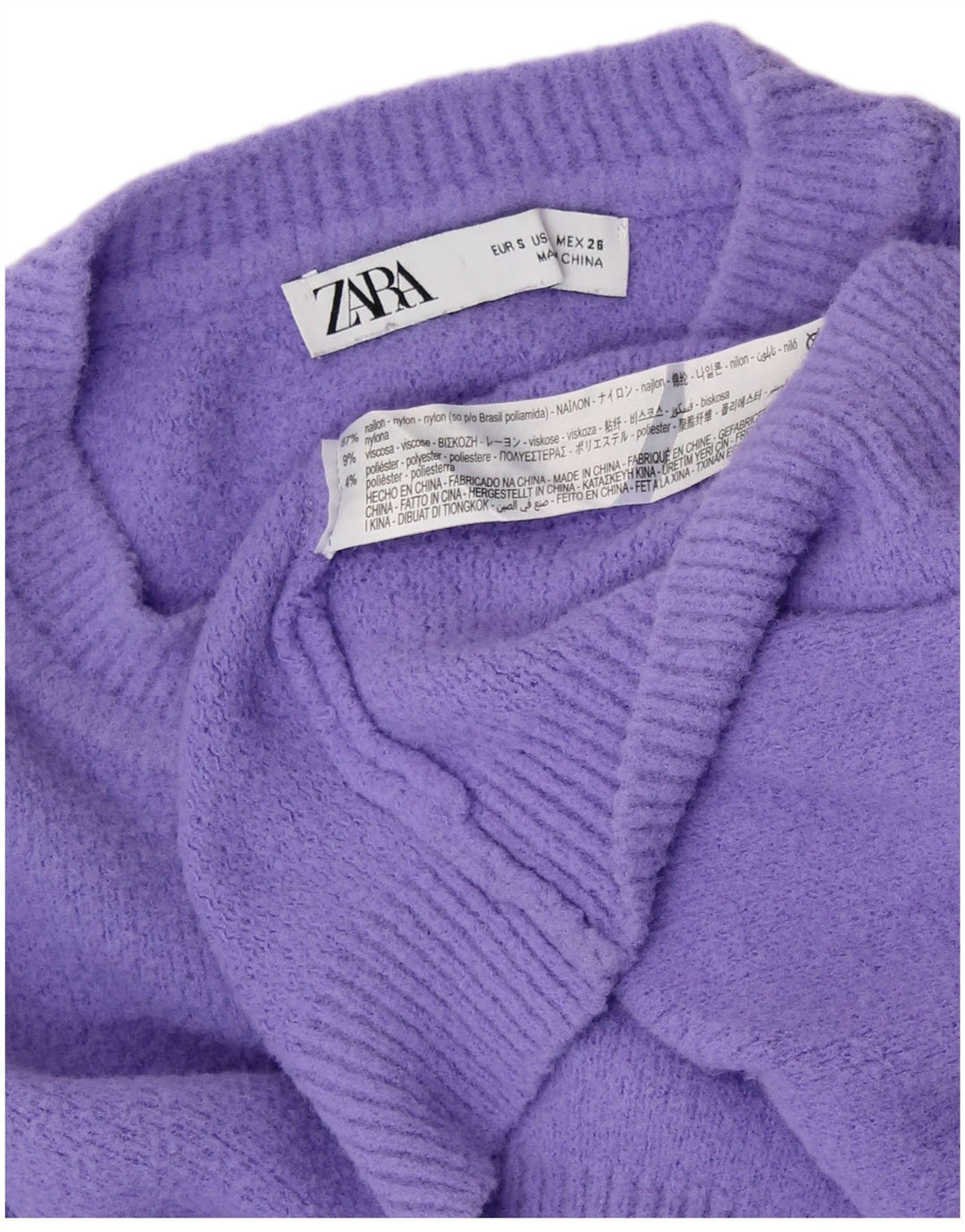 Suéter feminino ZARA com gola redonda grande e gola redonda, tamanho 10, pequeno, roxo