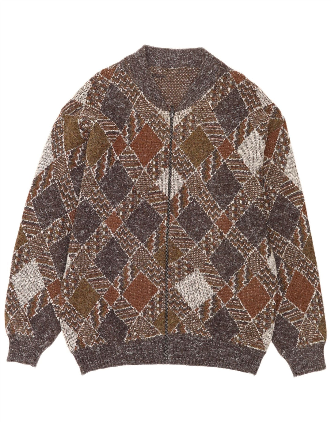 Suéter cardigã masculino vintage com zíper completo médio multicolorido Argyle/Diamante