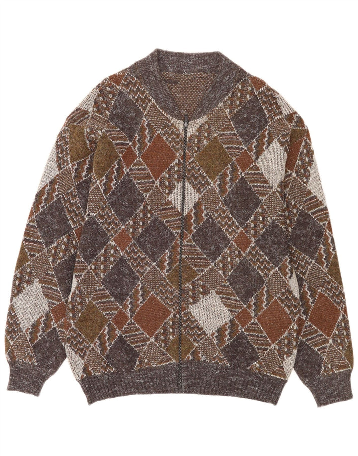 Suéter cardigã masculino vintage com zíper completo médio multicolorido Argyle/Diamante