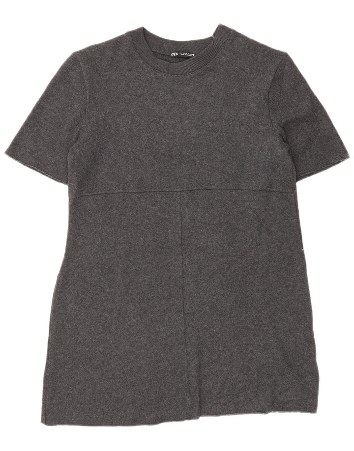 Vestido jumper feminino Zara de mangas curtas Reino Unido 10 pequeno poliéster cinza