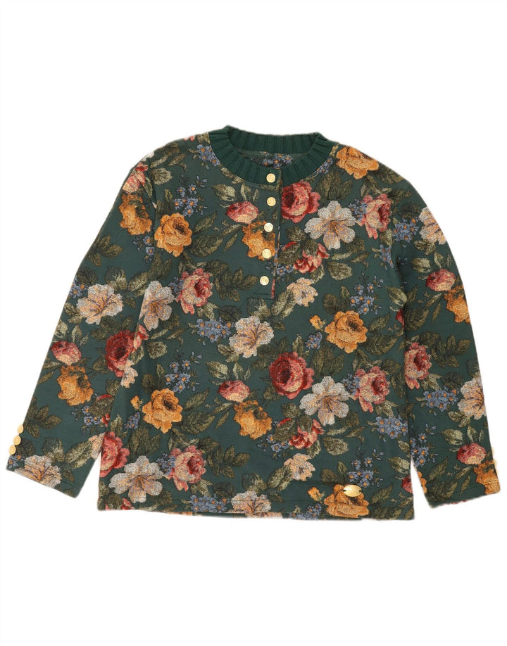 Suéter feminino VINTAGE com gola e botão IT 44 algodão floral verde médio