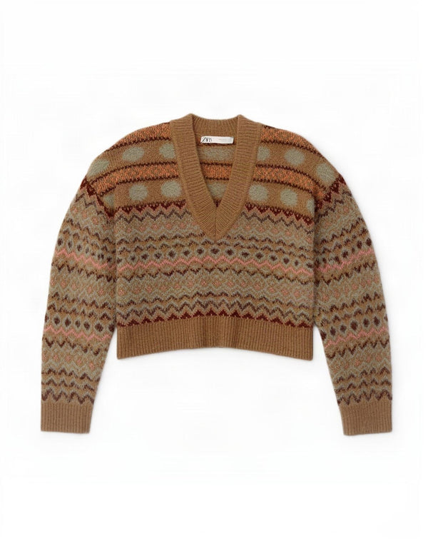 Suéter feminino Zara com decote em V e gola V Reino Unido 14 médio bege Fair Isle