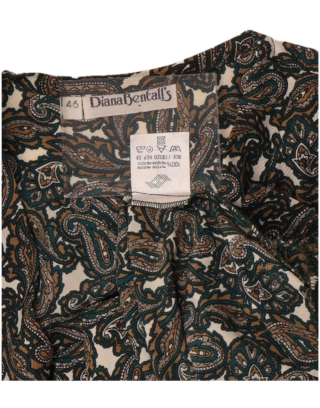 DIANA BENTALLS Camisa feminina Blusa IT 46 Grande Marrom Paisley Poliéster