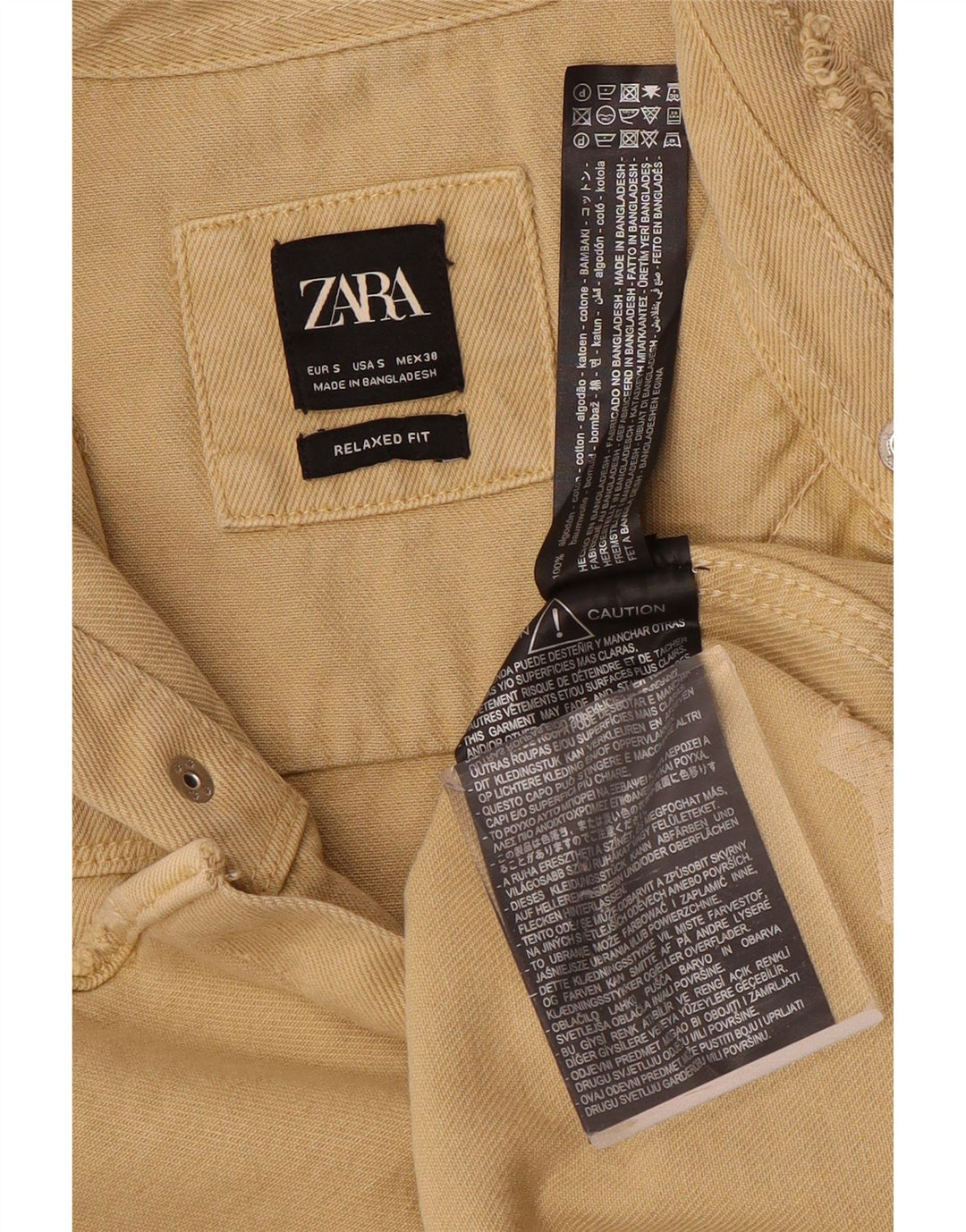 Camisa jeans masculina Zara com ajuste relaxado e desgastado pequeno algodão bege