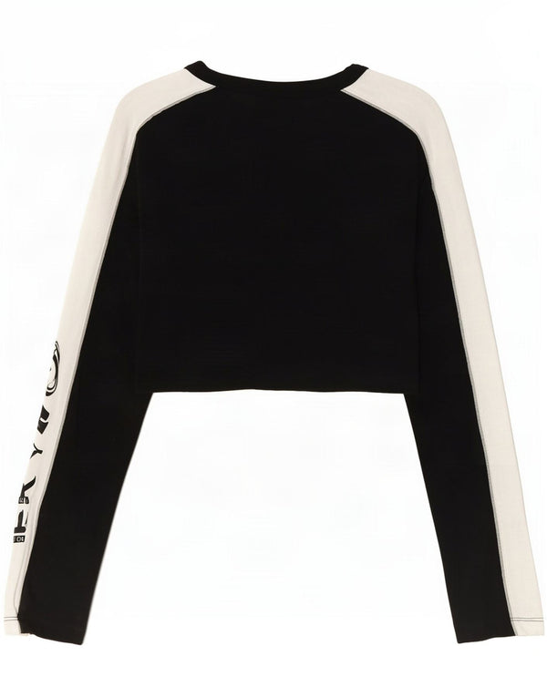 Adidas Womens Crop Graphic Top Manga Longa UK 6 XS Preto Colourblock Algodão