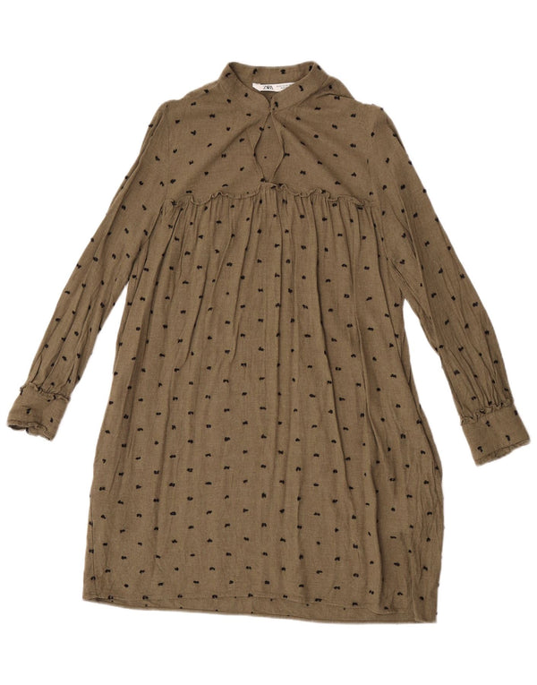 Vestido feminino Zara manga comprida linha A UK 6 XS cáqui manchado