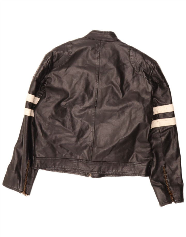 Jaqueta de couro feminina vintage UK 20 2XL couro preto colorblock