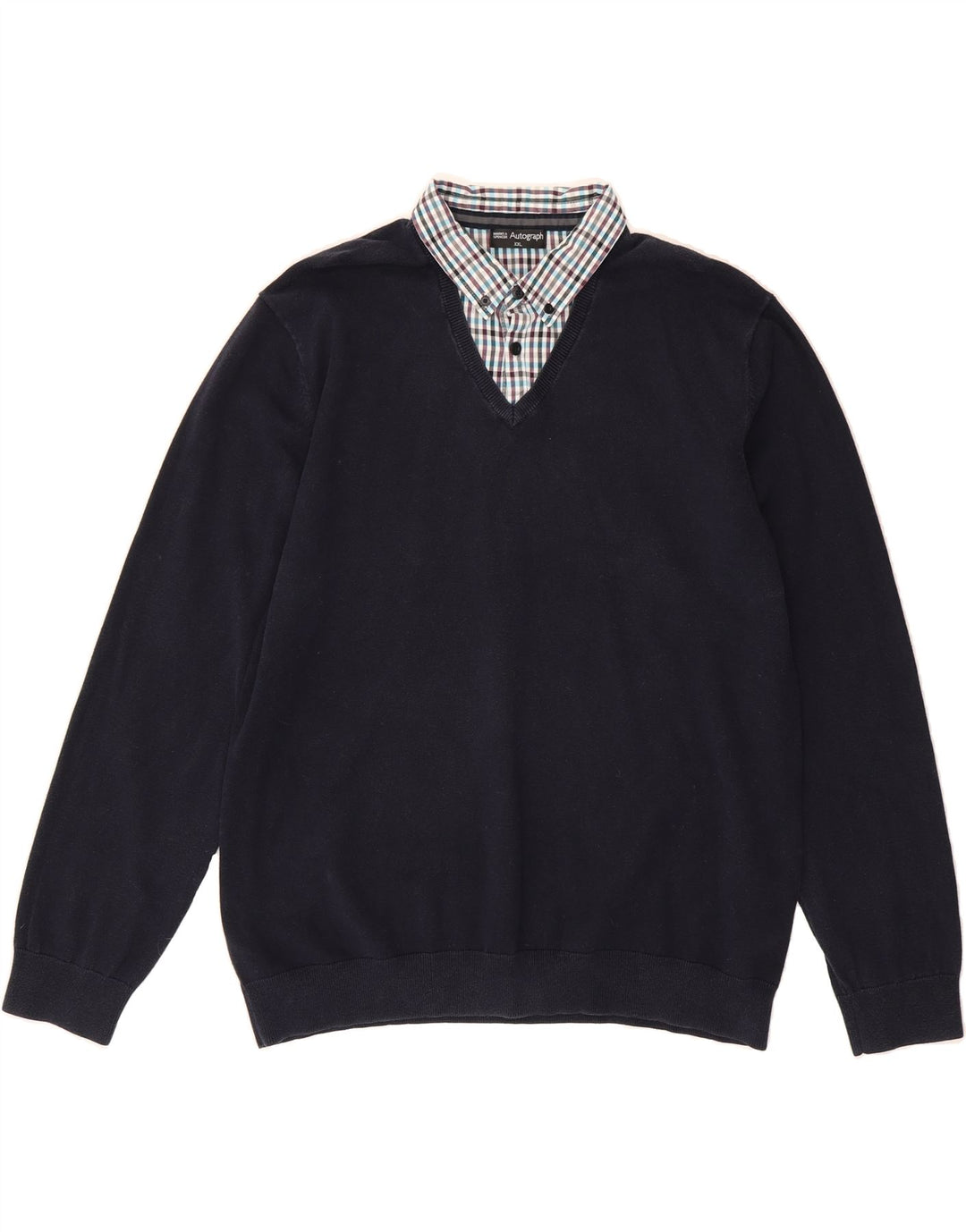 MARKS & SPENCER Mens Autograph V-Neck Jumper Sweater 2XL Navy Blue Cotton Vintage Marks & Spencer and Second-Hand Marks & Spencer from Messina Hembry 