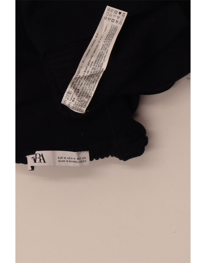 Zara Top curto feminino manga comprida UK 12 médio azul marinho viscose